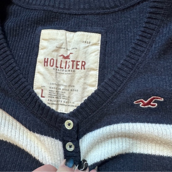 Hollister Navy & White Striped Long Sleeve Henley large Top | Size Y2K Preppy - Picture 6 of 6